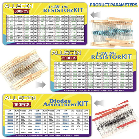 DIY Electronics Component Kit For Pro Projects 1910 Pcs Of Resistors Electrolytic Capacitors Schottky Diodes LEDs Transistors And More Great Variety For Learning Prototyping And Repairs, including resistor and diode parameter charts.
