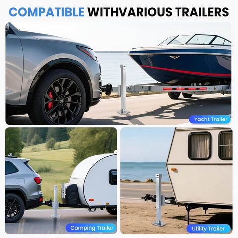 Heavy Duty 8000 Lb Trailer Jack With 28.8 Inch Lift, Cordless Drill Compatible 20-24V shown with yacht and utility trailers.