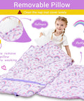 Toddler Nap Mat With Pillow And Blanket For Daycare And Preschool, Extra Large Rolled Napping Mat For Travel And Camping, super soft fleece minky in rainbow colors with hearts and a smiling child.