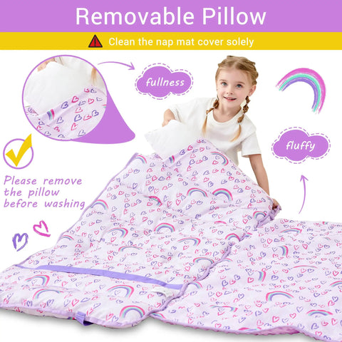 Toddler Nap Mat With Pillow And Blanket For Daycare And Preschool, Extra Large Rolled Napping Mat For Travel And Camping, super soft fleece minky in rainbow colors with hearts and a smiling child.