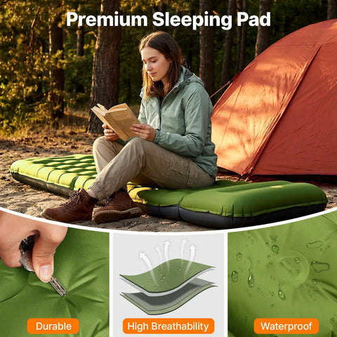 Ultralight Inflatable Sleeping Pad With Built In Pillow And Foot Pump For Camping, 6 Inch Thick, 79 X 27.5 Inch, in use outdoors