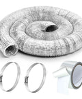 4 Inch By 12 Foot Flexible Aluminum Foil Dryer Vent Hose Kit With Stainless Steel Clamps And Aluminum Tape For Dryer Exhaust Ducting HVAC Venting Heating And Cooling Systems shown with hose, clamps, and tape