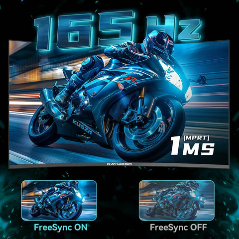 34-Inch Ultrawide Curved Gaming Monitor UWQHD 3440x1440 165 Hz Refresh 1ms MPRT showing motorcycle image with FreeSync comparison
