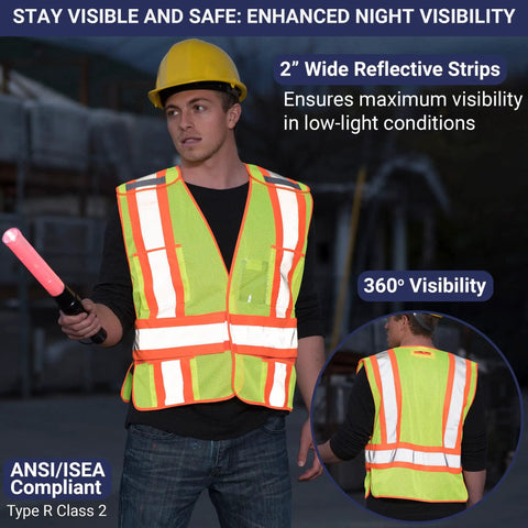 Person wearing High Visibility ANSI Class 2 Breakaway Safety Vest with Five Pockets Yellow Breathable Mesh, holding safety light