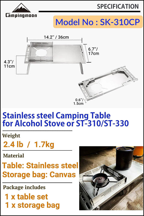 Solo Camping Table In Stainless Steel With Windshield And Heat Shield Portable Tabletop Stove Stand With Storage Bag