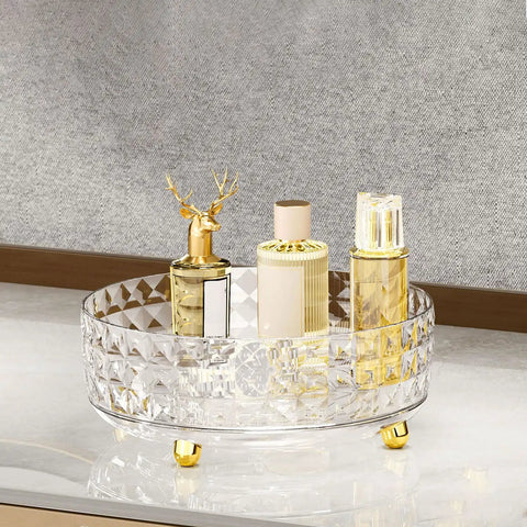 Non Slip Lazy Susan Turntable 9 Inch Clear One Tier Spinning Organizer for Kitchen Pantry Cabinet and Refrigerator, 360 Degree Rotating Spice Rack with Gold Decor Bottles