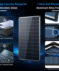 400 Watt Solar Panel Kit With Two 200W Bifacial Monocrystalline Panels 18V 18BB N Type Cells IP68 Rating 25 Percent Efficient Off Grid Power For Your RV Rig Boat Trailer Camper And Outdoor Adventures showing glass and frame details