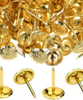 Top Tier 500 Piece Gold Metal Upholstery Tacks For Furniture Reupholstering And Cork Boards, showing gold tacks with decorative heads.