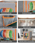 Two Tier Filament Storage Rack With Trans Cover And LED Light Strips holds up to 24 rolls, showing waterproof and dustproof designs.