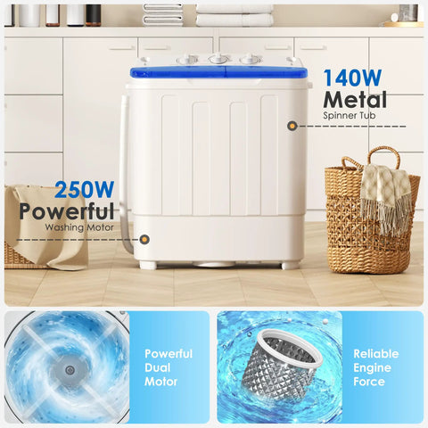 Game Changer Compact Twin Tub Portable Washing Machine With Fast Spin Dryer and Simple Dial Controls Lightweight Semi Automatic Laundry Combo with 250W motor.