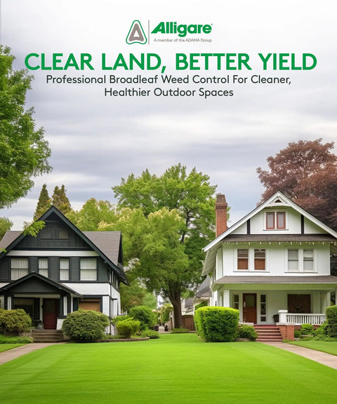 2,4-D Amine Weed Killer Concentrate For Lawns Pastures And Aquatic Sites Post Emergent Weed Control For Pigweed Thistle Ragweed And More 46.8 Percent Active Ingredient 2.5 Gallon showcased on a lush green lawn between two houses