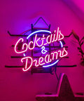 Real Glass Neon Light Sign For Home Bar And Pub Vibe, 17x14 Inch Wall Mount Neon Tube Sign with 'Cocktails & Dreams' text