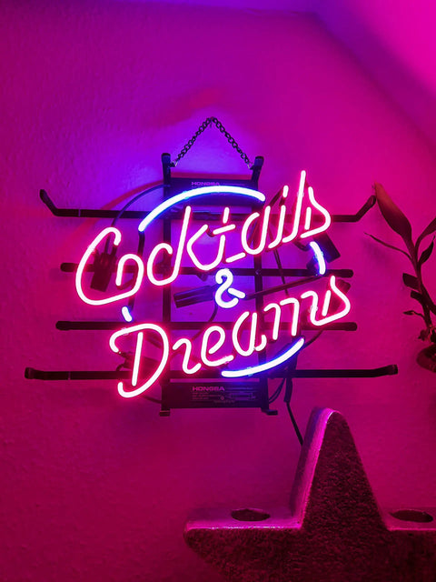 Real Glass Neon Light Sign For Home Bar And Pub Vibe, 17x14 Inch Wall Mount Neon Tube Sign with 'Cocktails & Dreams' text
