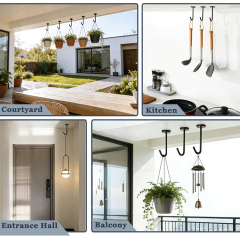 Five Pack Ceiling Hooks For Hanging Plants 110mm Stainless Steel Indoor Plant Hangers Black Matte Rust Resistant Durable Plant Brackets Lanterns Chimes Coffee Mugs Under Cabinet Screw Mounted installed in various rooms.