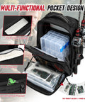 Heavy Duty Fishing Tackle Backpack With Dual Rod Holders, 26L Waterproof, open with tackle boxes inside, durable 600D Oxford, Black.