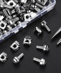 Tough As Nails Rack Mount Screws And Cage Nuts Kit For Server Cabinets featuring M6 Carbon Steel screws and cage nuts in a clear storage box.