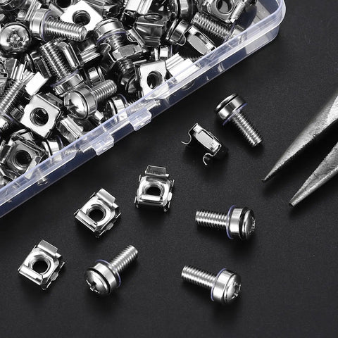 Tough As Nails Rack Mount Screws And Cage Nuts Kit For Server Cabinets featuring M6 Carbon Steel screws and cage nuts in a clear storage box.