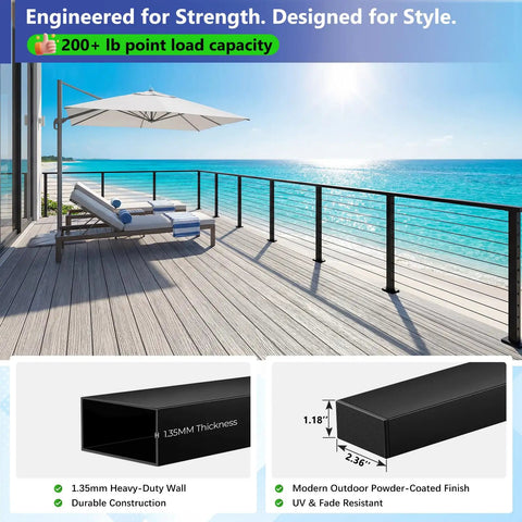 Tough As Nails 8 Foot Marine Grade Stainless Steel Black Handrail For Cable Railing Systems Heavy Duty Top Rail on deck by ocean.