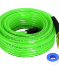 Built Like A Tank 1/4 Inch By 50 Feet Reinforced Polyurethane Air Compressor Hose With Quick Coupler Plug Kit Bend Restrictors 300 Psi in green color.