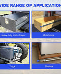Heavy Duty Side Mount Industrial Drawer Slides With Locking Swing Handle Full Extension Rails Industrial Grade Steel Rust-Resistant Electroplated Finish Supports Up To 300 Lbs Built To Last In Tough Garage Or Shop Settings used on truck drawers, motorhome, truck, and shelves