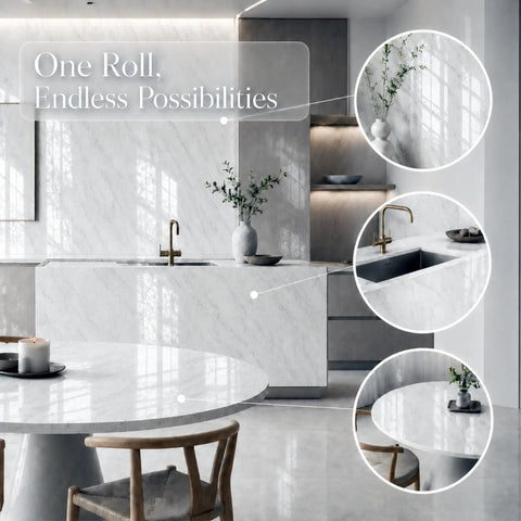 Marble Look Peel And Stick Contact Paper 39 Inch By 118 Inch White Vinyl Wallpaper on kitchen counters and cabinets.