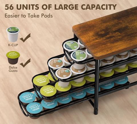 Universal Coffee Pod Holder with two multifunctional storage drawers, displaying K-Cup and Dolce Gusto pods in retro brushed bronze finish.