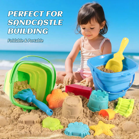 Child playing with Collapsible Beach Toy Set For Kids Ages 3 To 12 Kid Friendly Travel Sandbox Kit With 2 Foldable Buckets on beach