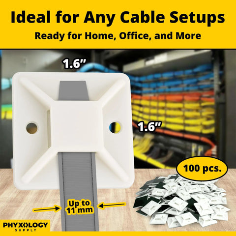 X Large Cable Tie Mounts 100 Pack With Adhesive Backing Or Screw Holes for permanent hold shown against colorful wires