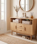 White Water Hyacinth Wicker Storage Baskets For Organizing On Shelves And In Pantry Two Pack on wooden sideboard