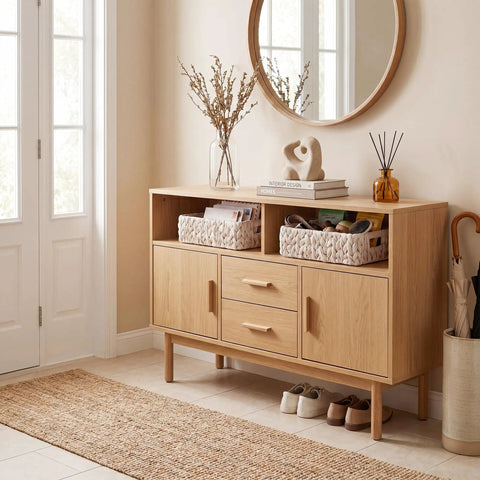 White Water Hyacinth Wicker Storage Baskets For Organizing On Shelves And In Pantry Two Pack on wooden sideboard
