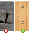 Comparison of rusty nail in wood next to Premium Brass Decorative Screws With Caps And Thumb Tacks Set for furniture installation.
