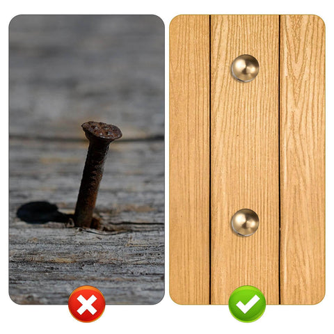Comparison of rusty nail in wood next to Premium Brass Decorative Screws With Caps And Thumb Tacks Set for furniture installation.
