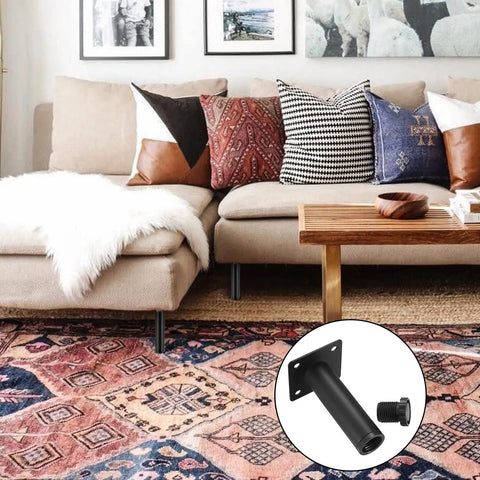 Living room with beige sofa featuring 4 Pack Adjustable Metal Furniture Legs 6 Inches High Heavy Duty Cabinet Feet and decorative cushions.