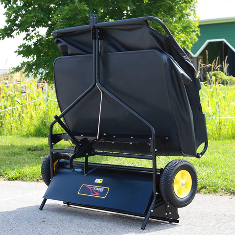 40 Inch Tow Behind Lawn Sweeper With Dethatcher And Hamper Windscreen 2 In 1, featuring adjustable tines and easy transport