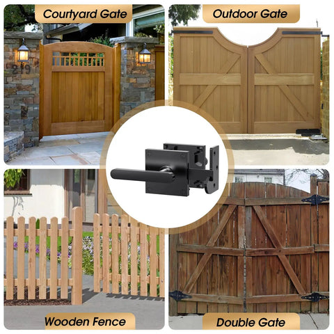 Tough As Nails Double Sided Gate Latch For Left Inswing Wooden Fences Rustproof Aluminum Body with smooth black handle on a wooden gate.