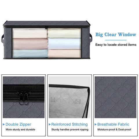 3 Pack Foldable Storage Boxes With Large Clear Window And Sturdy Handles 35L Capacity Clothes Bedding Organizer Bags For Closet Dorm Home Gray Stackable Durable See Thru Go To Storage