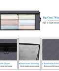 6-Pack Clothes Organizer Storage Bags Foldable Storage Box With Large Clear Window And Sturdy Handles For Closet Dorm Pillows Bedding Clothes Toys Blankets 35L Grey displayed with features including double zipper, reinforced stitching, and breathable fabric
