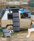 120W Portable Solar Panel Charger With PD45W QC3.0 Fast Charge USB C And USB A Outputs mounted on car next to woman reading