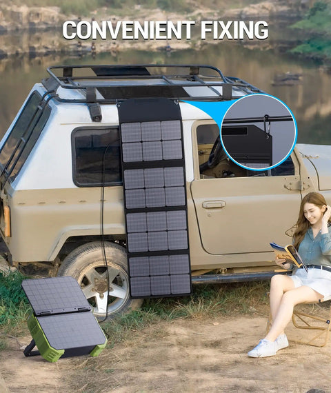 120W Portable Solar Panel Charger With PD45W QC3.0 Fast Charge USB C And USB A Outputs mounted on car next to woman reading