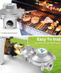 two-stage propane regulator for RVs with gauge, showing installation and use with grill and 20-100 lb propane tank, easy to install