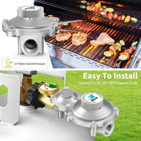 two-stage propane regulator for RVs with gauge, showing installation and use with grill and 20-100 lb propane tank, easy to install