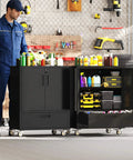 Heavy Duty Metal Garage Storage Cabinet On Wheels With Lockable Drawer And Shelves, mobile steel tool cabinet in workshop.