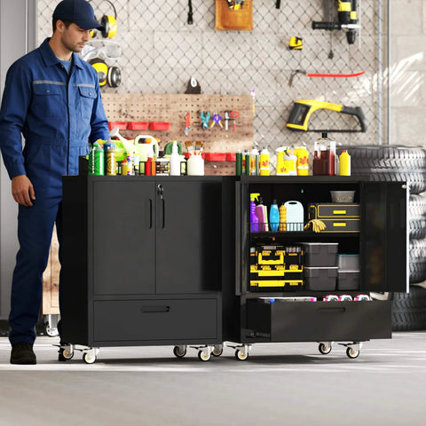 Heavy Duty Metal Garage Storage Cabinet On Wheels With Lockable Drawer And Shelves, mobile steel tool cabinet in workshop.