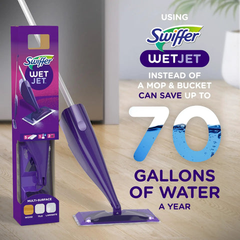 WetJet Hardwood And Floor Spray Mop Cleaner Starter Kit shown with Swiffer packaging and water-saving claim