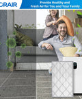 Six Fan Replacement Filter For HE601 And HE602 with 3 stage filtration shown enhancing air quality, family in background