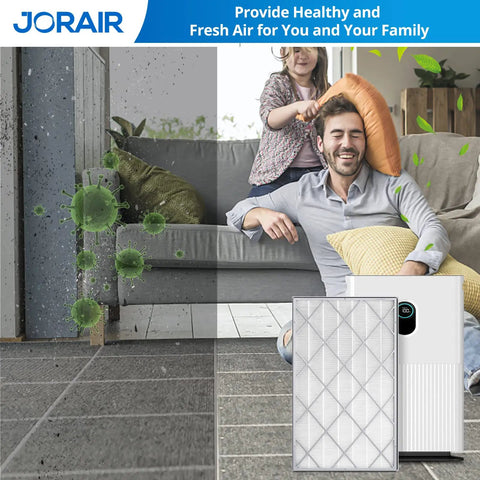 Six Fan Replacement Filter For HE601 And HE602 with 3 stage filtration shown enhancing air quality, family in background
