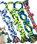 Four Pack Heavy Duty Dog Rope Toys For Aggressive Chewers in multicolor, shown with a dog holding a cotton rope, ideal for large dogs.