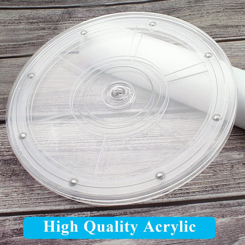 2 Pack Super Slick Acrylic Turntable Platter 6 Inch Crystal Clear Rotating Display Stand top view on wooden surface.