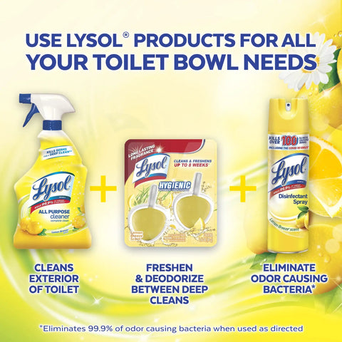 Lysol products cleaning routine with all-purpose cleaner, hygienic cleaner, and disinfectant spray for toilet care