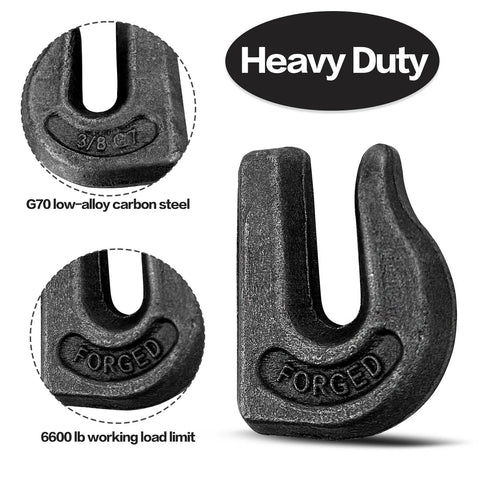 Six Pack Three Eighths Inch Weld On Grab Hooks Heavy Duty G70 Grade Utility Hooks forged steel close-up, showing 'Heavy Duty' label.